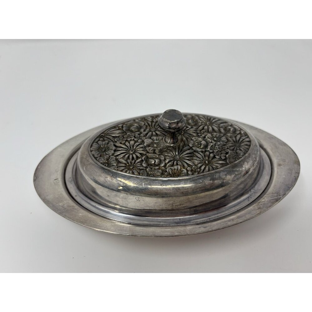 Mid‎ Century Aluminum Silver Metal Butter Dish Pressed Daisies Glass Insert